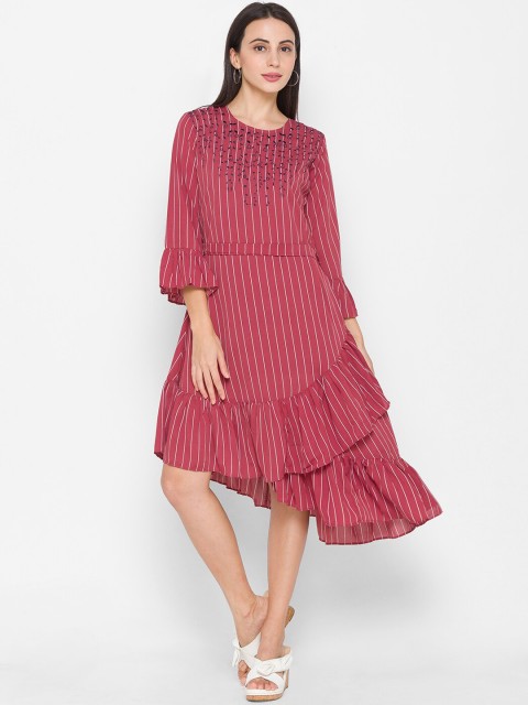 

ZOLA Women Rust & White Striped Georgette A-Line Midi Dress