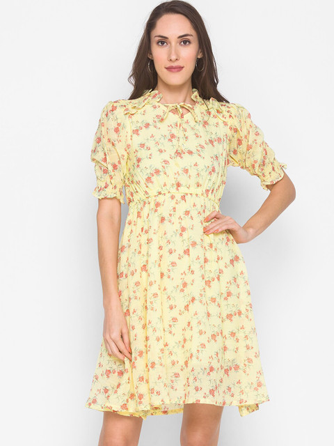 

ZOLA Yellow Floral Tie-Up Neck Dress