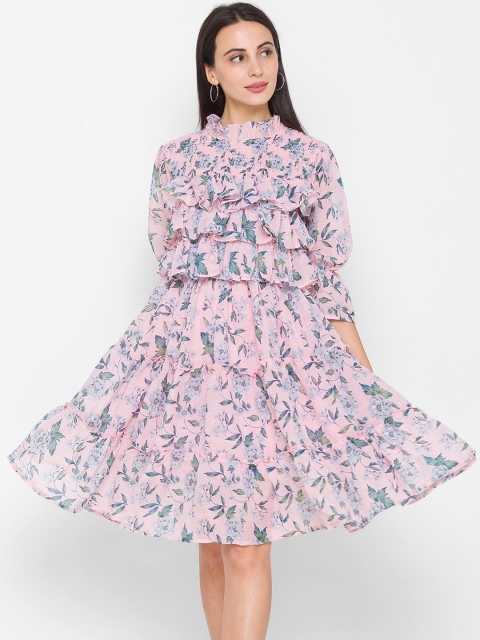 

ZOLA Women Peach-Coloured & Green Floral Printed Cotton Fit & Flare Dress