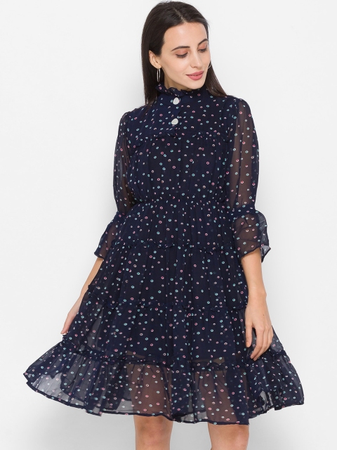 

ZOLA Navy Blue & White Printed Chiffon Dress