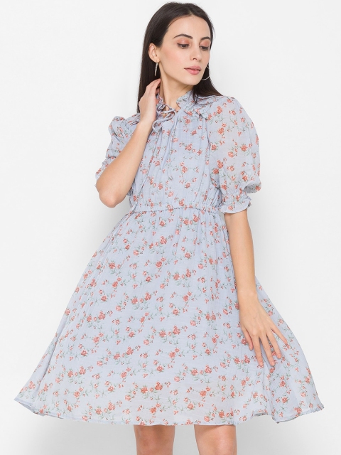 

ZOLA Blue & Brown Floral Tie-Up Neck Dress