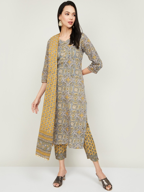 

Melange by Lifestyle Women Grey Printed Pure Cotton Kurta with Trousers & With Dupatta