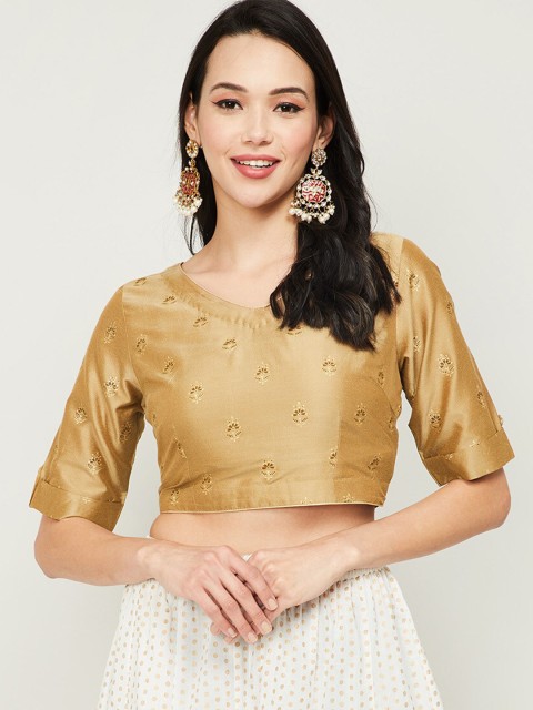 

Melange by Lifestyle Women Beige & Gold-Toned Printed Roll-Up Sleeves Fitted Crop Top