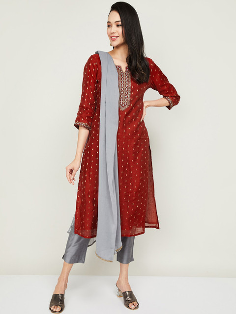 

Melange by Lifestyle Women Red Regular Kurta with Trousers & With Dupatta