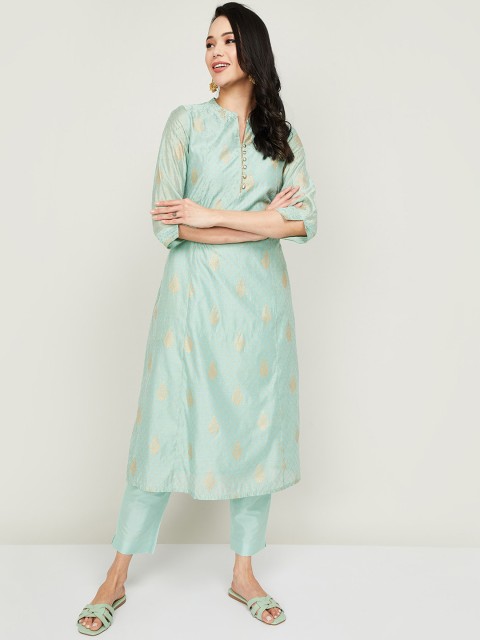 

Melange by Lifestyle Women Green & Gold-Toned Ethnic Motifs Printed Keyhole Neck Kurta