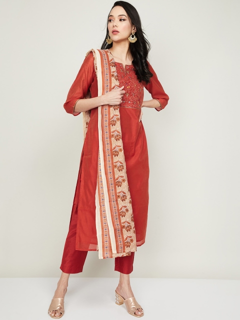 

Melange by Lifestyle Women Red Yoke Design Sequin Kurta with Trousers & Dupatta