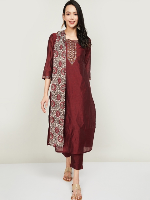 

Melange by Lifestyle Women Maroon Regular Kurta with Trousers & With Dupatta