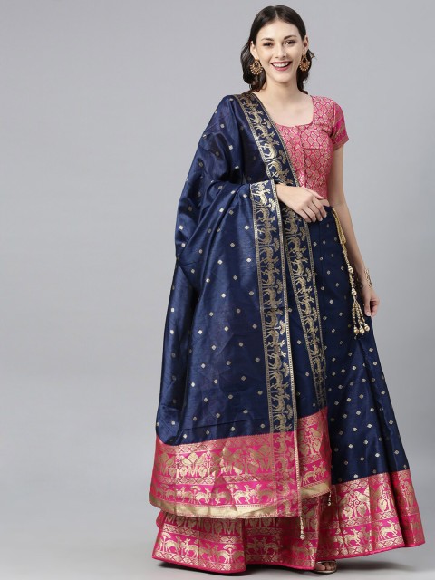

The Chennai Silks Navy Blue & Pink Woven Designed Ready To Wear Lehenga Choli with Dupatta
