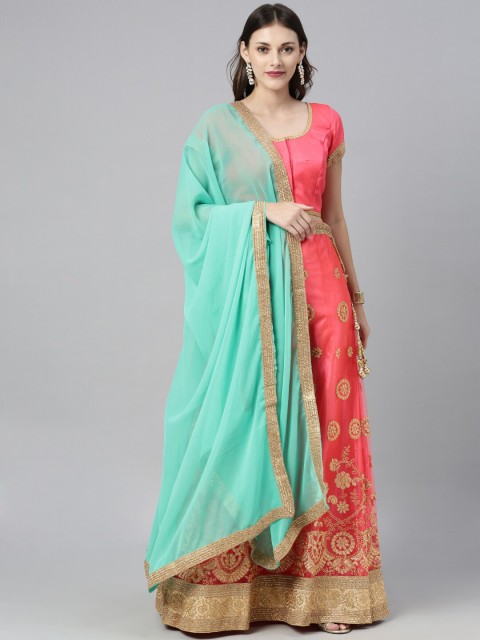 

The Chennai Silks Coral & Blue Embroidered Ready To Wear Lehenga Choli with Dupatta