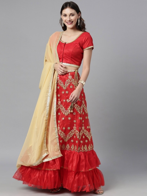 

The Chennai Silks Women Red & Beige Embroidered Ready To Wear Lehenga Choli with Dupatta