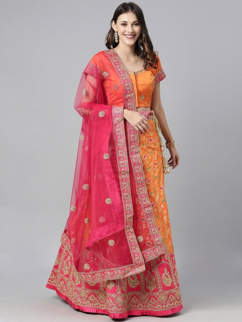 

The Chennai Silks Women Orange & Pink Embroidered Ready To Wear Lehenga Choli with Dupatta