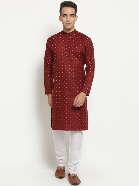 

NEUDIS Men Maroon Ethnic Motifs Regular Pure Cotton Kurta with Churidar