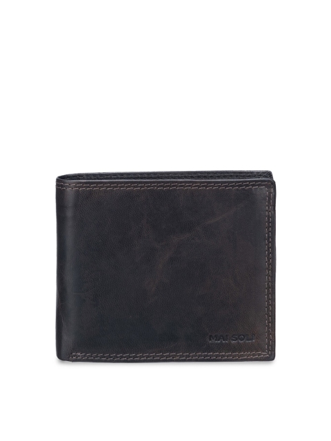 

MAI SOLI Men Grey Genuine Leather RFID Protected Dark Vintage Two Fold Wallet
