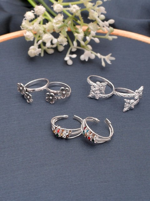 

Silvermerc Designs Set Of 3 Silver-Plated Stone-Studded Adjustable Toe Rings