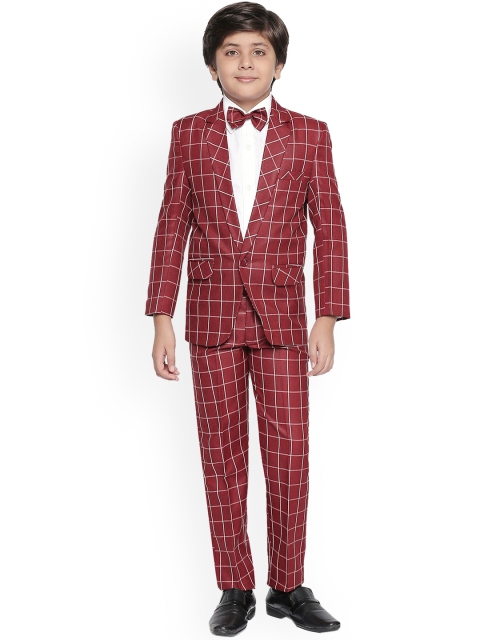 

Jeetethnics Boys Red Checked 3-Piece Single-Breasted Suit