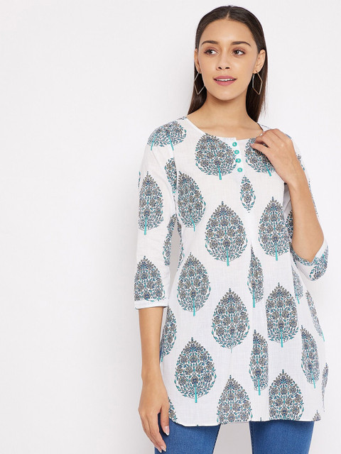 

Tissu Women White & Sea Green Floral Printed Straight Kurti