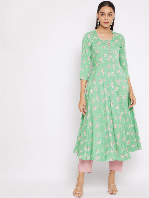 

Tissu Women Sea Green & Pink Floral Printed A-Line Kurta