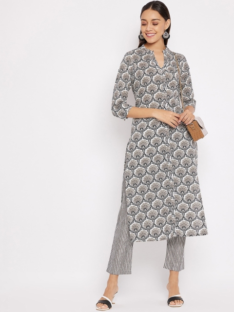 

Tissu Women Cream-Coloured Floral Printed Panelled Pure Cotton Kurti with Trousers