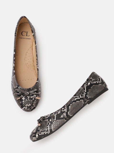 

Carlton London Women Charcoal Grey & Black Snakeskin Print Ballerinas with Bows Detail