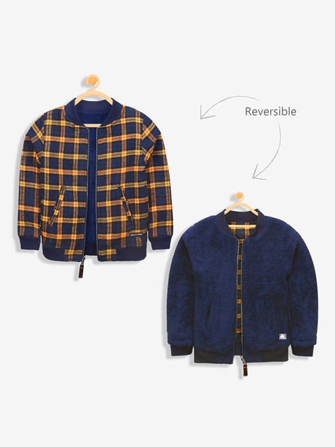 

Cherry Crumble Unisex Kids Navy Blue Checked Reversible Crop Bomber Jacket