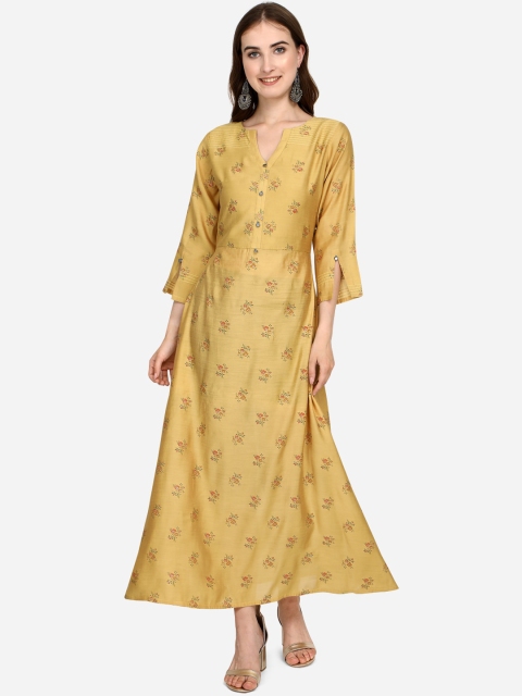 raisin women mustard printed maxi dress