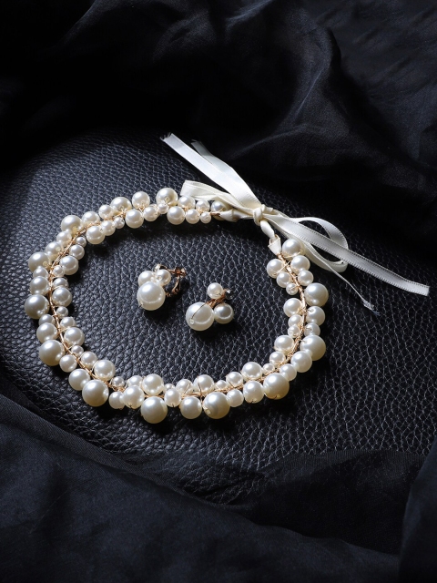 

AQUASTREET Women White Handmade Faux Pearl Hairband With Earrings