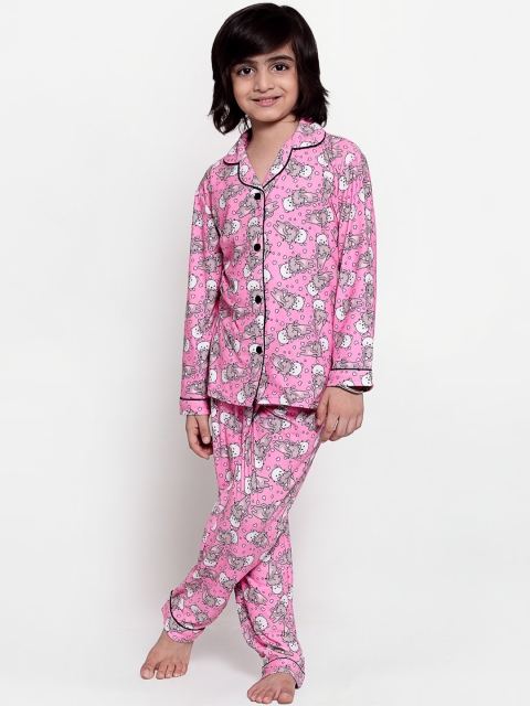 

MAXENCE Boys Pink & White Kitty Printed Night suit