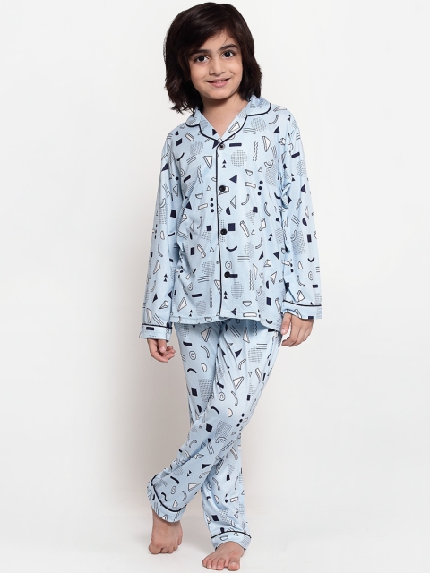 

MAXENCE Boys Blue & White Printed Night suit