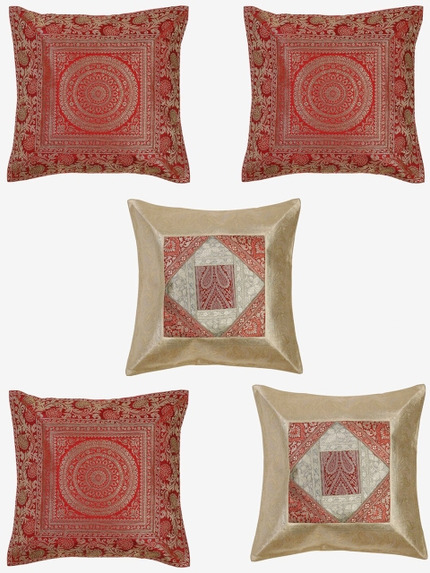 

TAG 7 Maroon & Cream-Coloured Set of 5 Ethnic Motifs Square Cushion Covers
