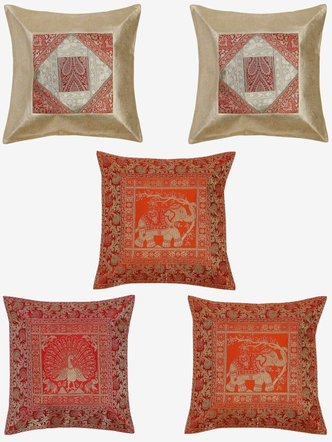 

TAG 7 Red & Grey Set of 5 Ethnic Motifs Square Cushion Covers