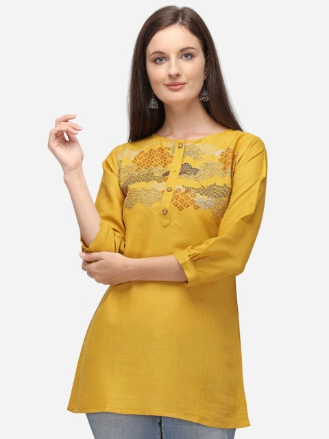 

RAISIN Women Mustard Embroidered Straight Tunic