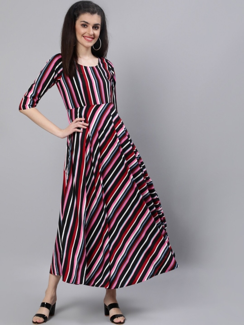 

AASI - HOUSE OF NAYO Women Black & Pink Striped Crepe Maxi Dress
