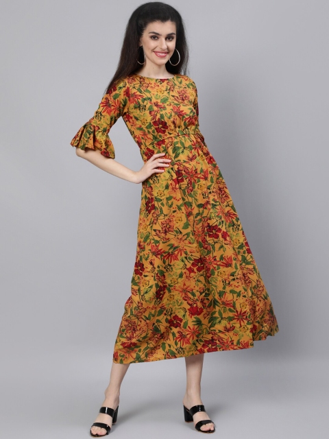 

AASI - HOUSE OF NAYO Mustard Yellow & Red Floral Crepe Midi Dress