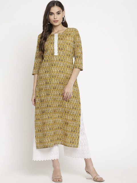 

Sringam Women Mustard Yellow & White Printed Keyhole Neck Kurta