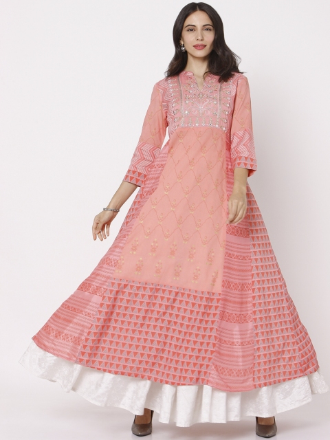 

Ojas Designs Women Peach-Coloured Ethnic Motifs Printed High Slit Kurta with Skirt