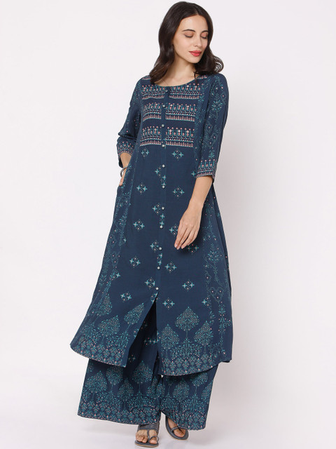 

Ojas Designs Women Blue Ethnic Motifs Printed Regular Kurta with Palazzos