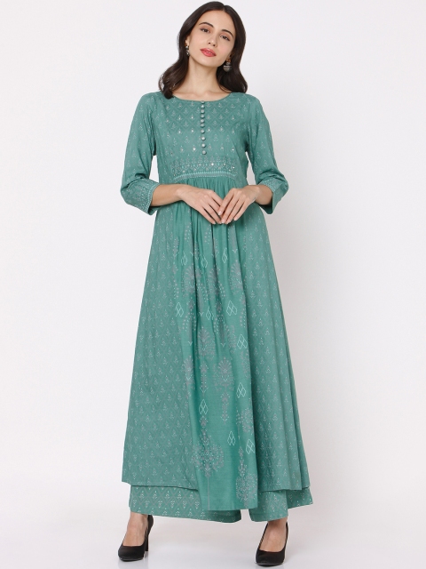 

Ojas Designs Women Green Printed Pleated Kurti with Palazzos