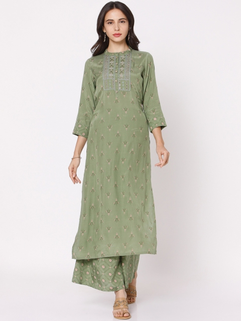 

Ojas Designs Women Olive Green Floral Printed Regular Kurta with Palazzos