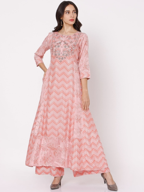 

Ojas Designs Women Peach-Coloured Floral Printed Layered Kurti with Trousers