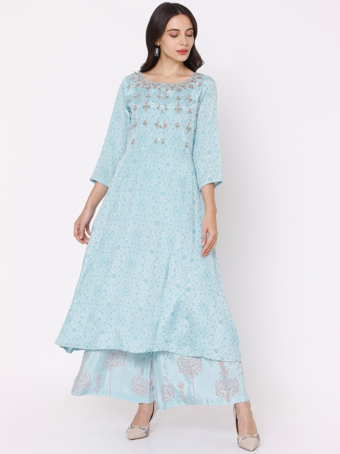 

Ojas Designs Women Blue Floral Embroidered Layered Kurti with Palazzos