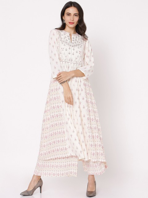 

Ojas Designs Women Off White Ethnic Motifs Printed Empire Thread Work Kurta with Palazzos