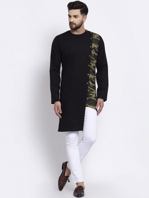 

Zotw Men Black & Olive Green Camouflage Printed Cotton Kurta
