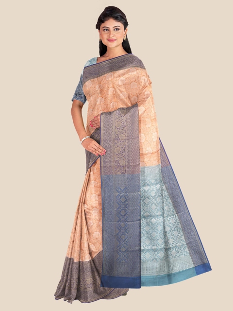 

Kalamandir Orange & Blue Ethnic Motifs Silk Blend Banarasi Saree