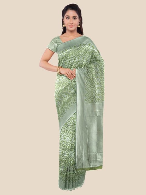 

Kalamandir Green & Silver-Toned Ethnic Motifs Silk Blend Banarasi Saree