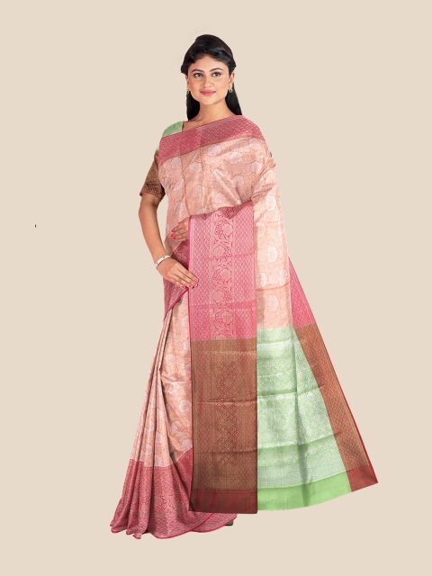

Kalamandir Pink & Green Ethnic Motifs Silk Blend Banarasi Saree