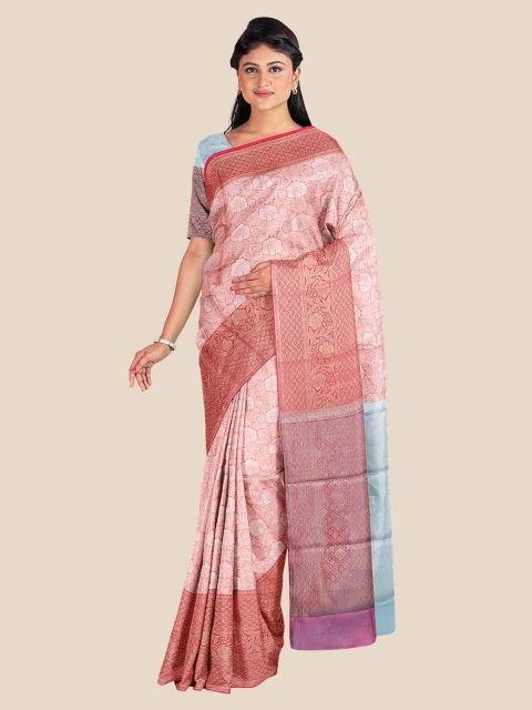 

Kalamandir Peach-Coloured & Blue Ethnic Motifs Silk Blend Banarasi Saree