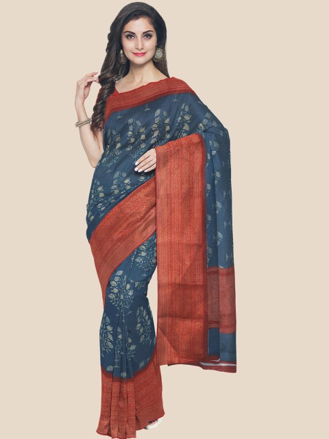 

Kalamandir Blue & Red Floral Printed Silk Blend Banarasi Saree
