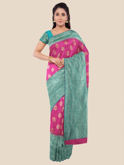 

Kalamandir Pink & Green Ethnic Motifs Silk Blend Banarasi Saree