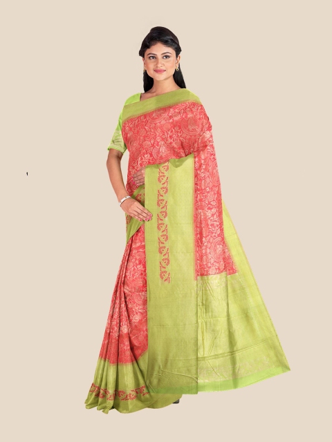 

Kalamandir Peach-Coloured & Lime Green Floral Silk Blend Banarasi Saree