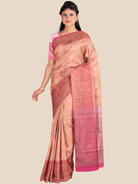 

Kalamandir Orange & Silver-Toned Ethnic Motifs Silk Blend Banarasi Saree